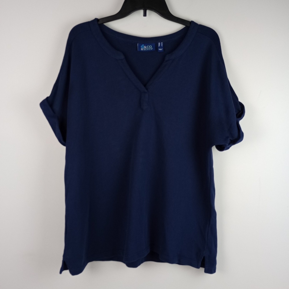 D&Co. Beach Womens M Blue V-Neck Short Sleeve Casual Cotton Knit Pullover Tshirt